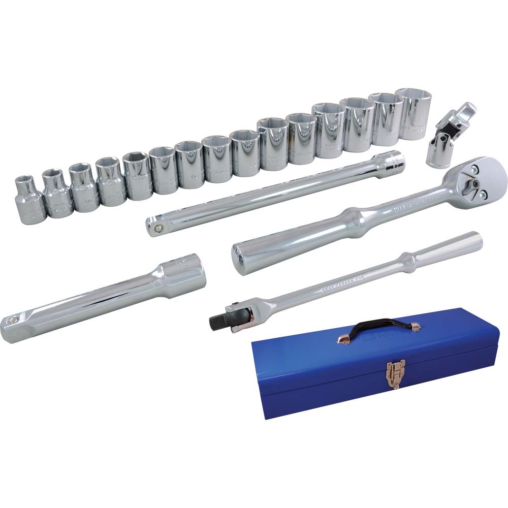 20 Piece 1/2&#34; Drive 6 Point SAE, Standard Chrome Socket & Attachment Set