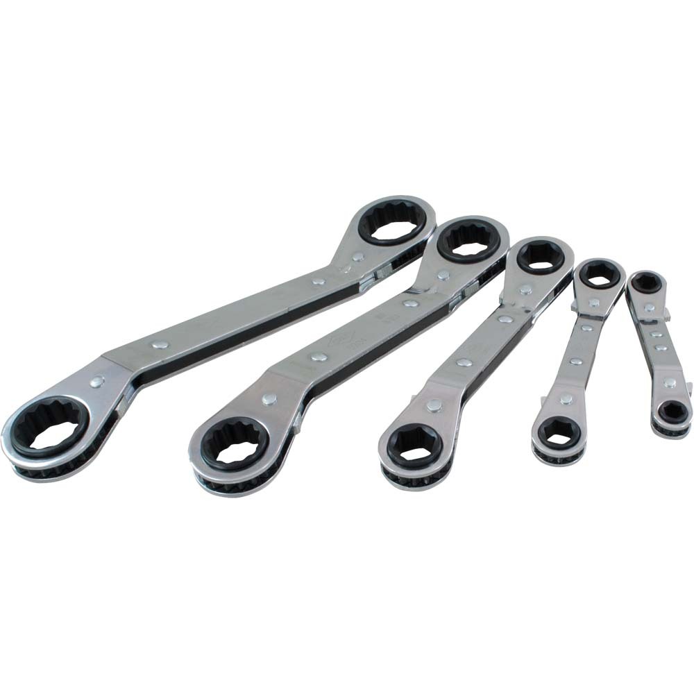 5 Piece 6 & 12 Point SAE, 25° Offset Ratcheting Box Wrench Set, 1/4&#34; X 5/16&#34; - 3/4&#34; X 7/