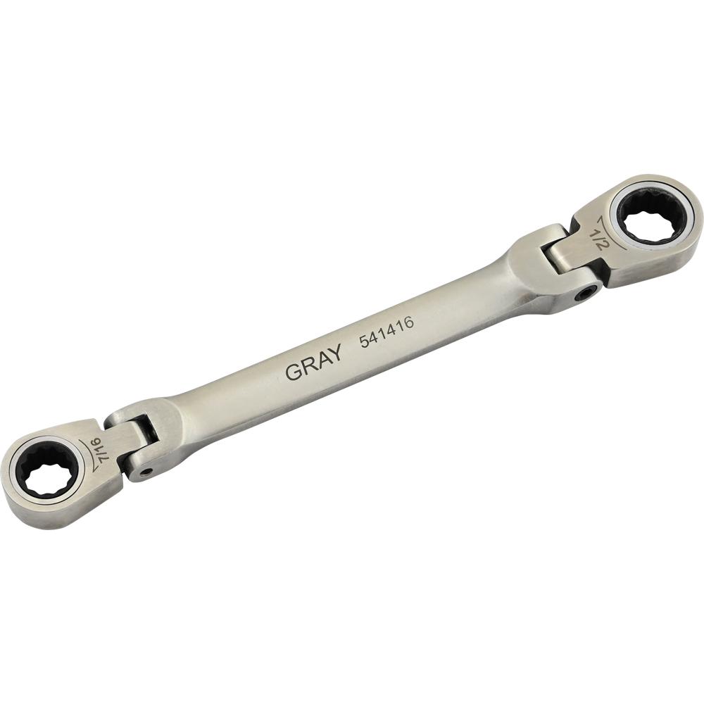 7/16&#34; X 1/2&#34; Double Box End, Flex Head Ratcheting Wrench, Stainless Steel Finish