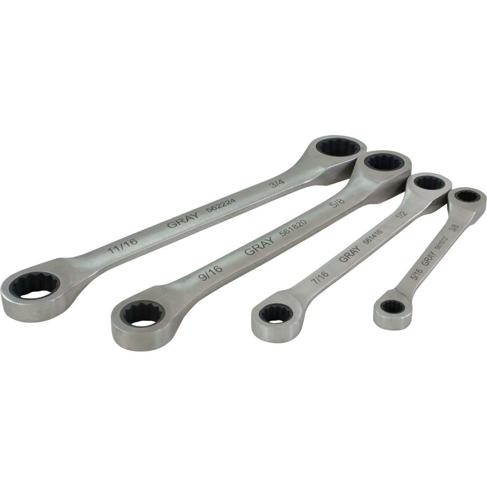 4 Piece SAE, Double Box Fixed Head, Ratcheting Wrench Set, 5/16&#34; X 3/8&#34; - 11/16&#34; X 3/4&#
