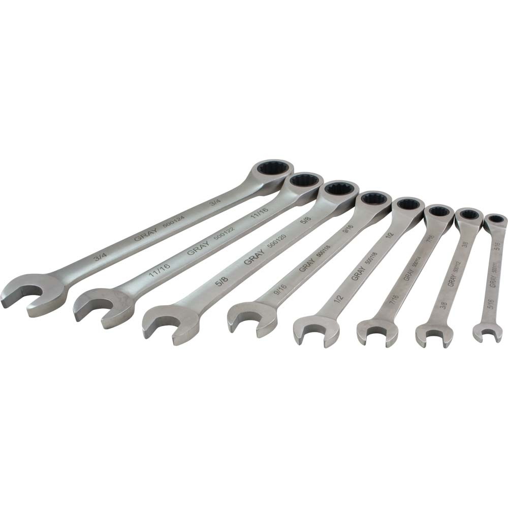 8 Piece SAE, Combination Fixed Head, Ratcheting Wrench Set, 5/16&#34; - 3/4&#34;