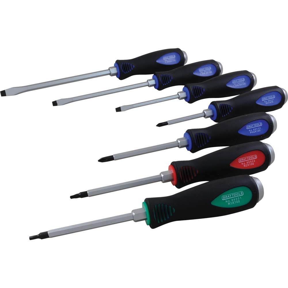 7 Piece Assorted Comfort Grip Screwdrivers Set, Slotted, Phillips & Square Recess