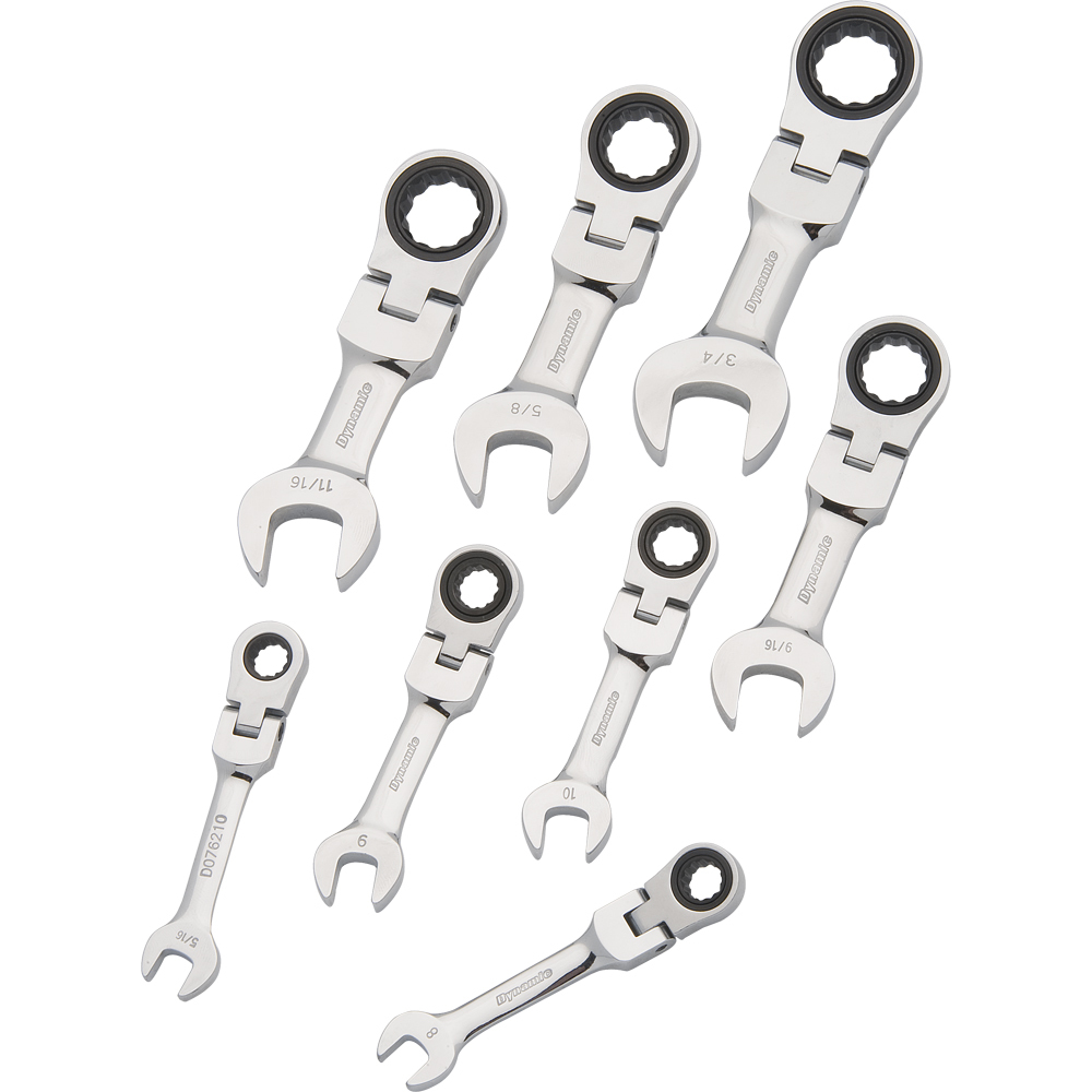 8 Piece SAE Stubby Flex Head, Combination Ratcheting Wrench Set, 5/16&#34; - 3/4&#34;