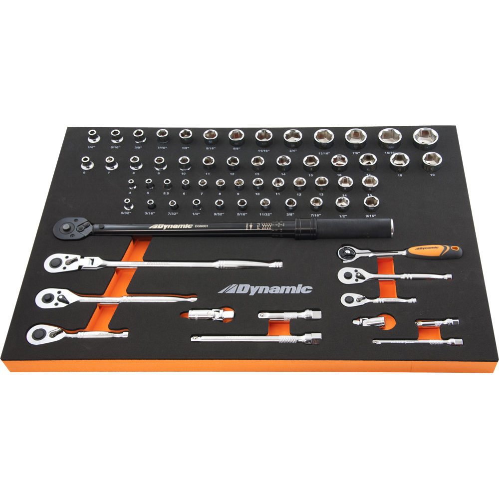 65 Piece 1/4&#34;, 3/8&#34; Drive Socket & Attachment and Torque Wrench Set With Foam Tool Organizer