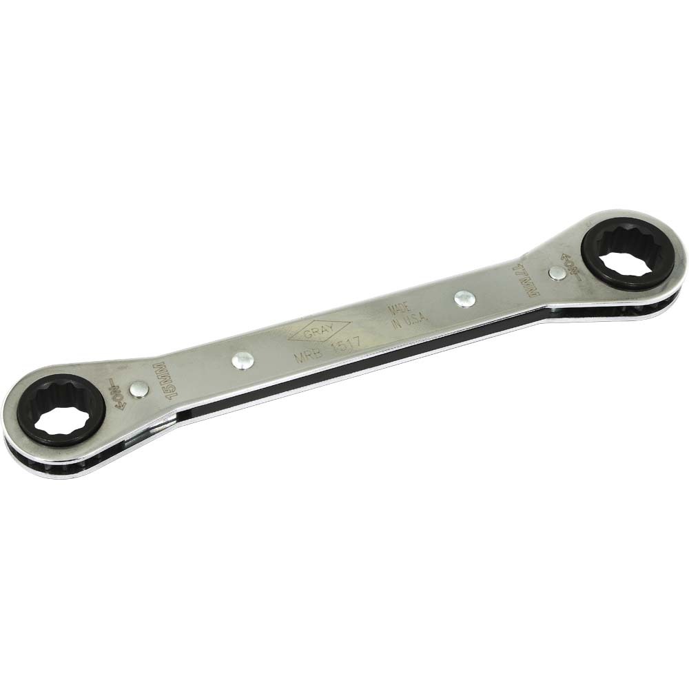 15mm X 17mm 12 Point, Flat Ratcheting Box Wrench, Mirror Chrome Finish