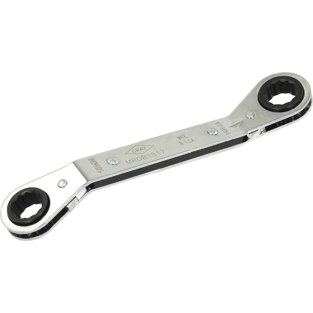 15mm X 17mm 12 Point, 25° Offset Ratcheting Box Wrench, Mirror Chrome Finish