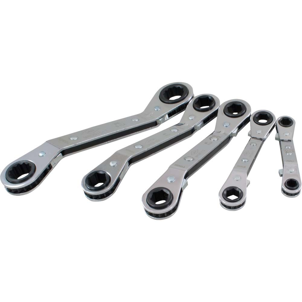 5 Piece 6 & 12 Point Metric, 25° Offset Ratcheting Box Wrench, 7mmx8mm - 15mmx17mm