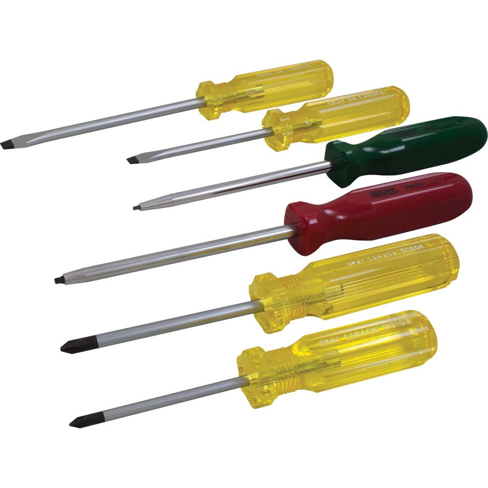 6 Piece Assorted Screwdriver Set, Slotted, Phillips & Square Recess