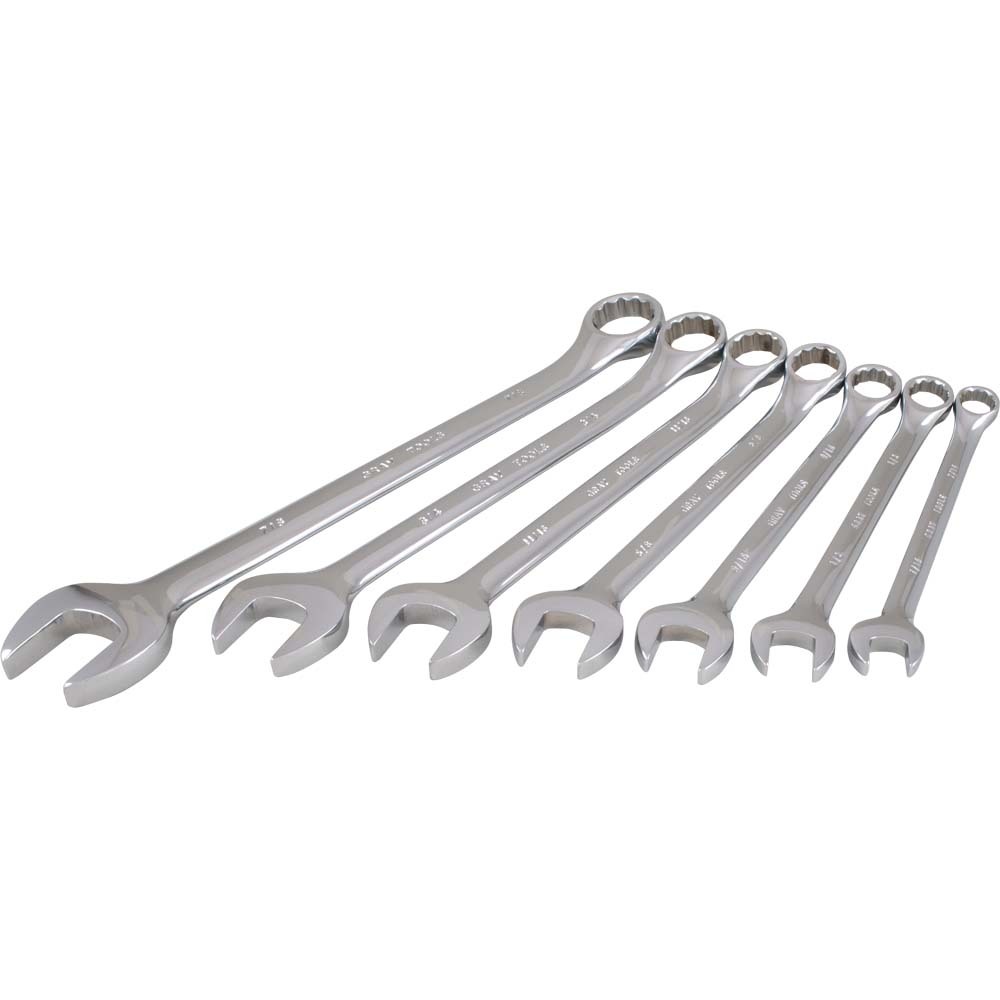 7 Piece 12 Point SAE, Mirror Chrome, Combination Wrench Set, 7/16&#34; - 7/8&#34;