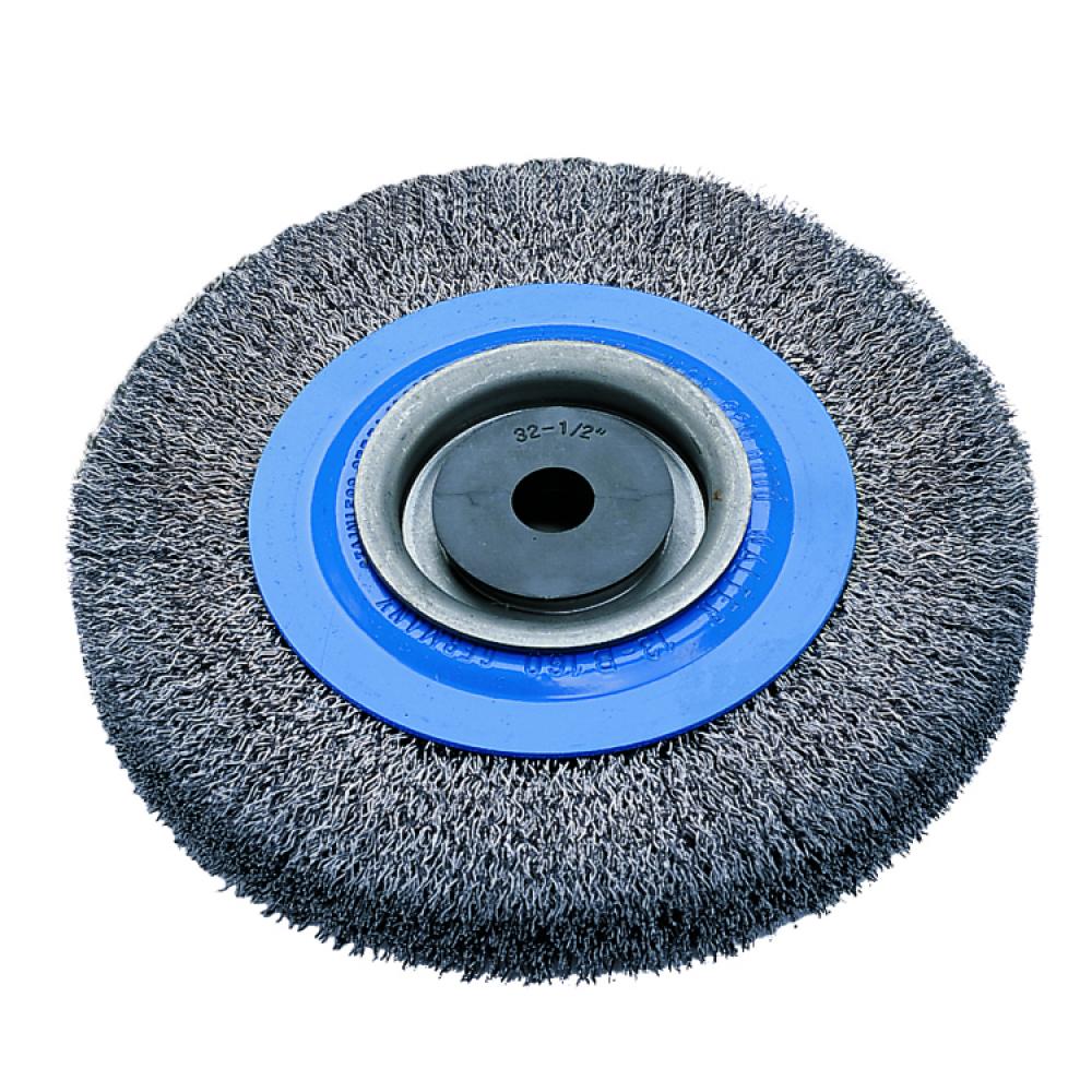 6 in. X 1/2 to 1-1/4 in X 7/8 in. Wire: .0118in. stainless , Bench wheel brush with crimped wires