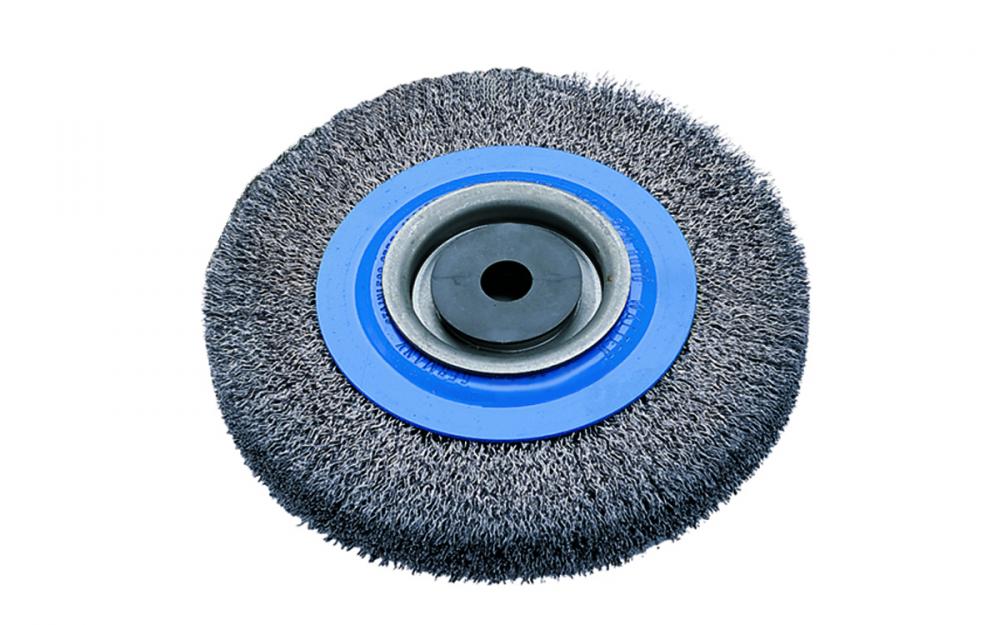 6 in. X 1/2 to 1-1/4 in. X 3/4 in. Wire: .0118in. stainless , Bench wheel brush with crimped wires