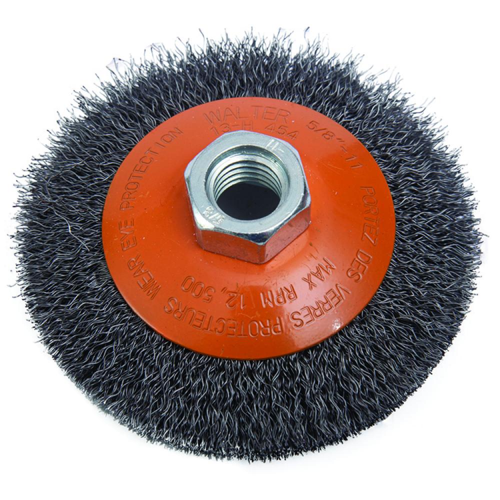 4 in X 0.020 in X 5/8-11 in X 3/4 in Wire: .012in. crimped, Saucer cup brush w/ crimped wires