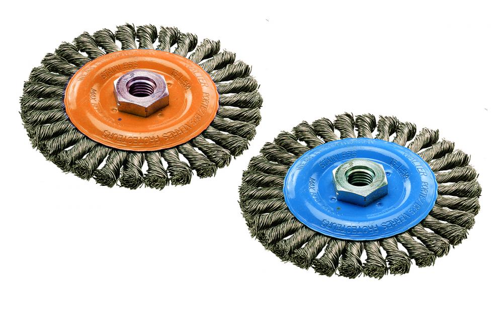 4-1/2 in. X 5/8in.-11 in. X 1/4 in. Wire: .020in. , Wide wheel brush with knot-twisted wires