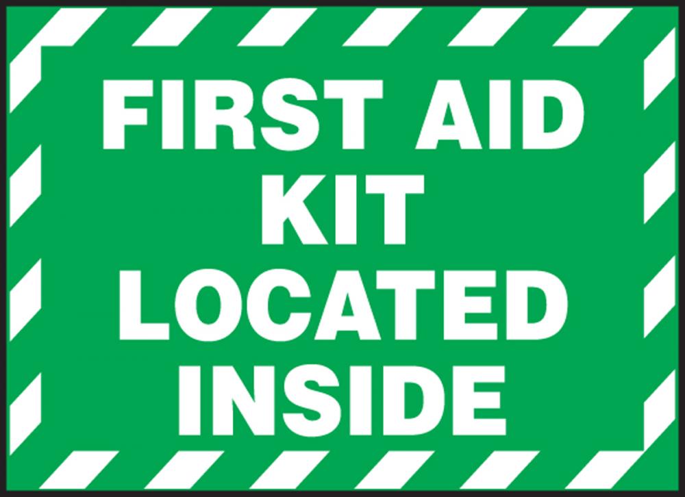 Safety Label, FIRST AID KIT LOCATED INSIDE, 3 1/2&#34; x 5&#34;, Dura-Vinylâ„¢