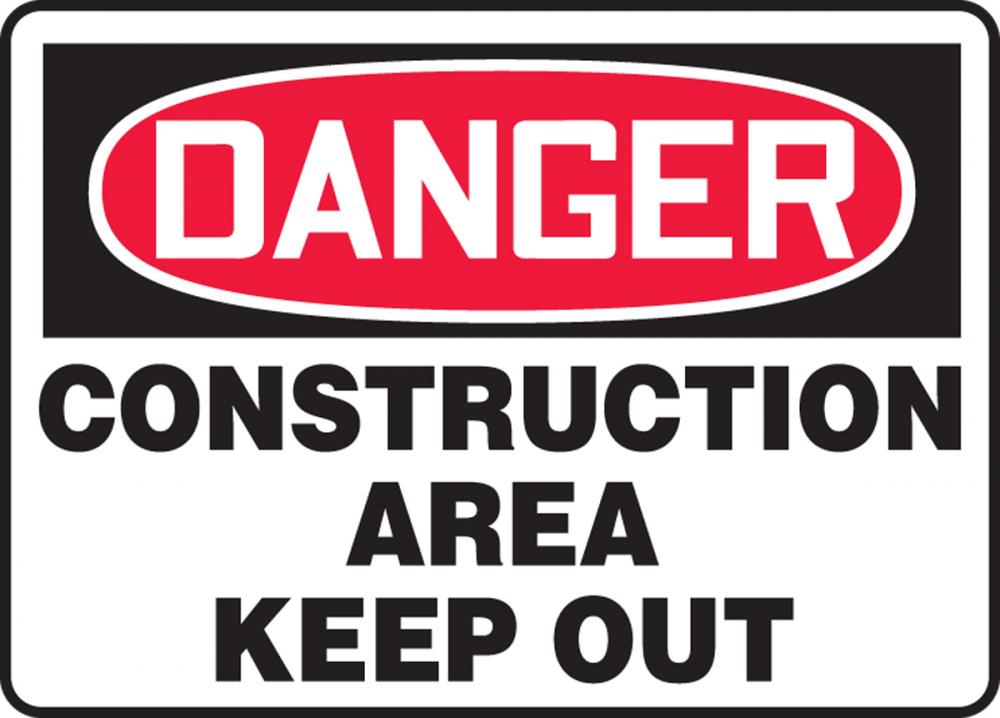 Safety Sign, DANGER CONSTRUCTION AREA KEEP OUT, 7&#34; x 10&#34;, Adhesive Vinyl