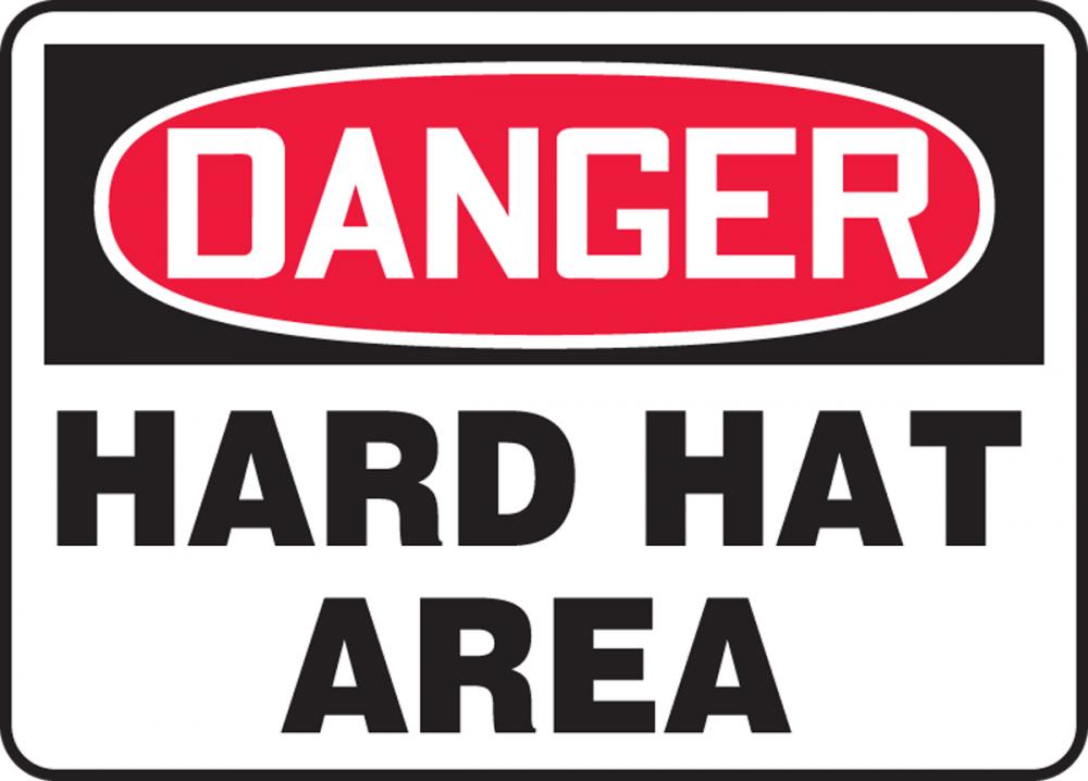 Safety Sign, DANGER HARD HAT AREA, 7&#34; x 10&#34;, Adhesive Vinyl