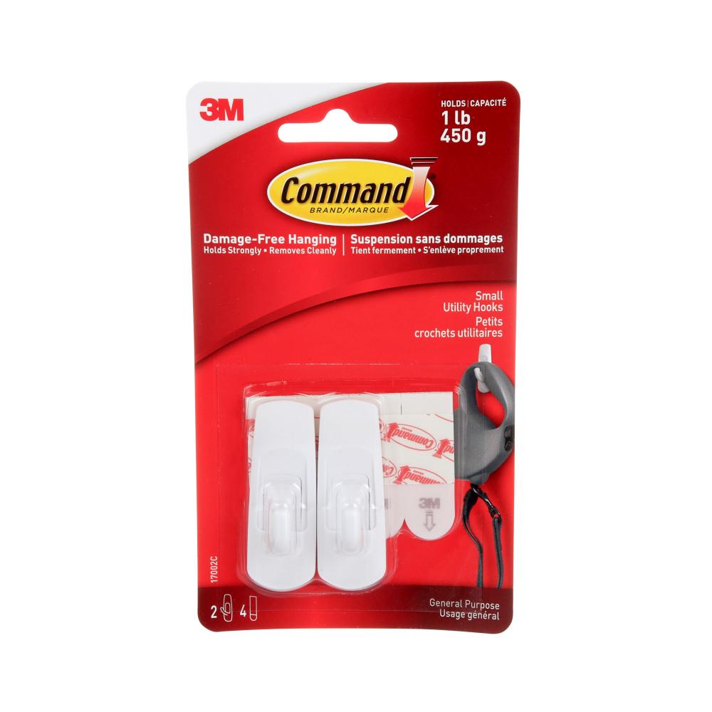 Command® Utility Hooks 17002C RP, Small, White, 1 lb (450 g), 2 Hooks, 4 Strips