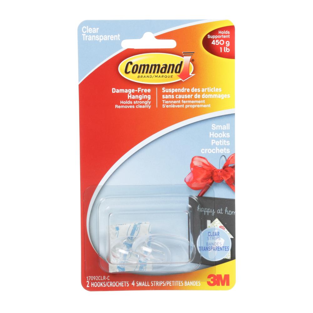 Command™ Hooks 17092CLR-C, Clear, Small, 2 Hooks/4 Strips/Pack