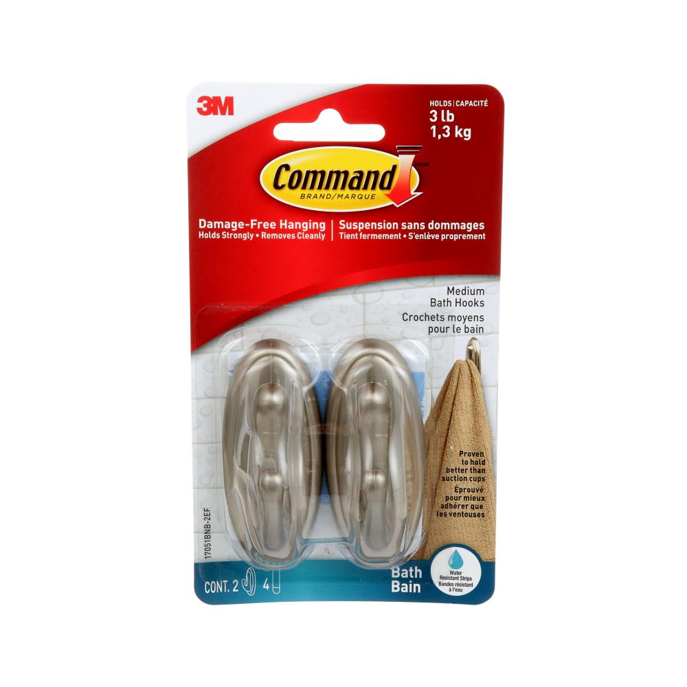 Command™ Hooks 17036BN-2EF, Brushed Nickel, Large, 2 Hooks/4 Strips/Pack