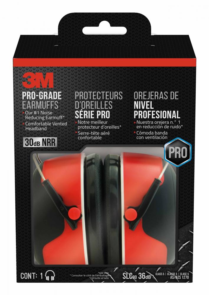 3M™ Pro-Grade Earmuffs 90565-4DC-PS, 30 dB NRR, Black/Red, 1/Pack, 4/Case