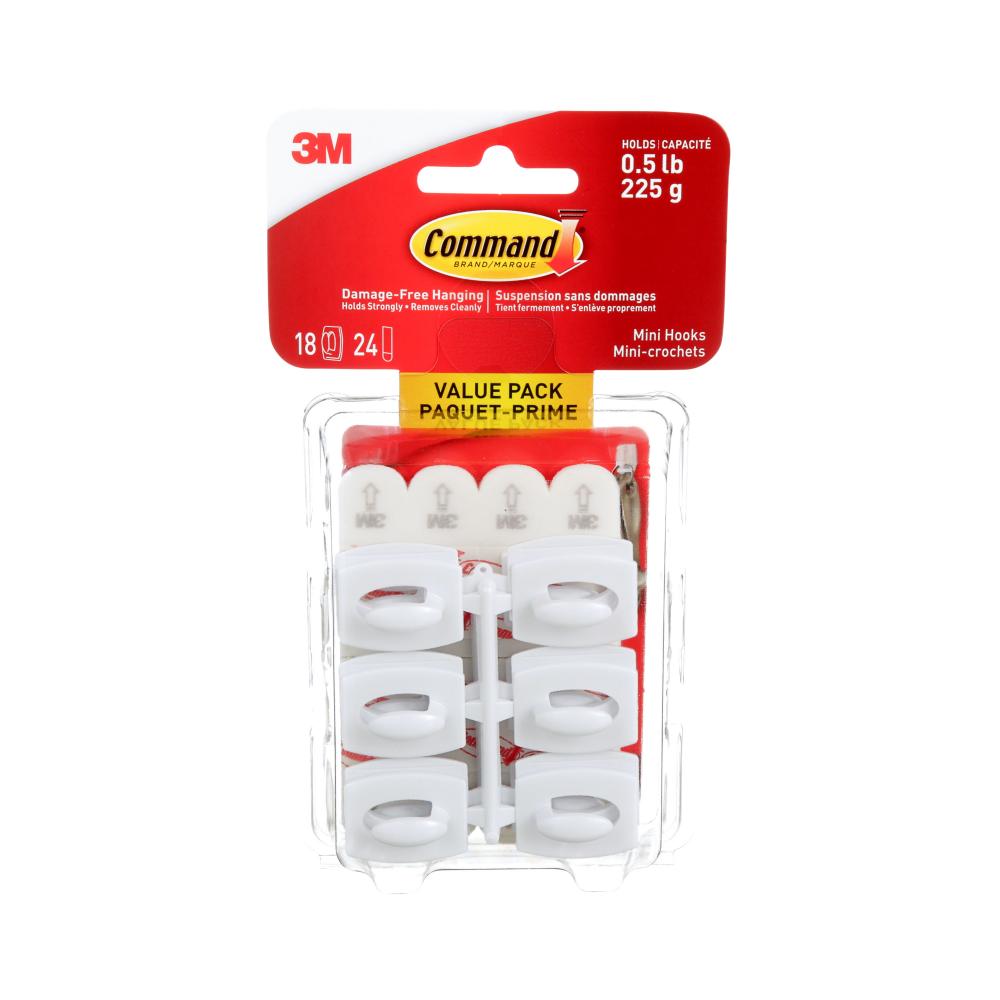 Command™ Mini Hooks 17006C-VP, White, 0.5 lb (225 g), 18 Hooks, 24 Strips, Value Pack