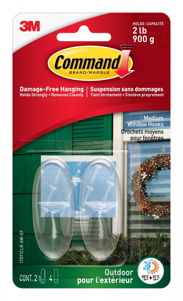 Command™ Outdoor Hooks 17091CLR-AW-EF, Clear, Medium, 2 Hooks/4 Strips/Pack