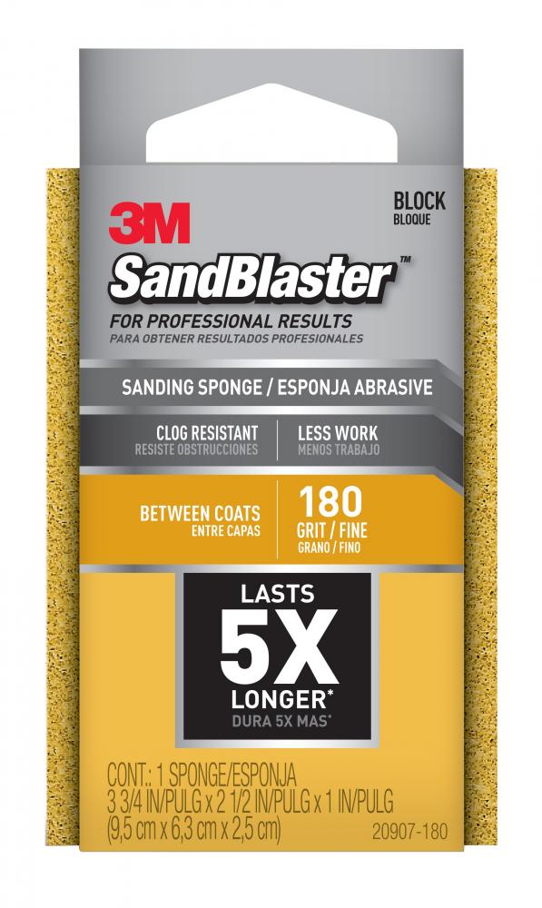 3M™ SandBlaster™ Sanding Sponge 20907-180, 180 Grit, 3 3/4 in x 2 1/2 in x 1 in, 1/Pack