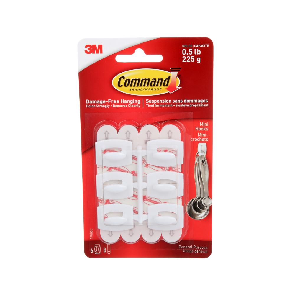 Command™ Mini Hooks 17006C, White, 0.5 lb (225 g), 6 Hooks, 8 Strips