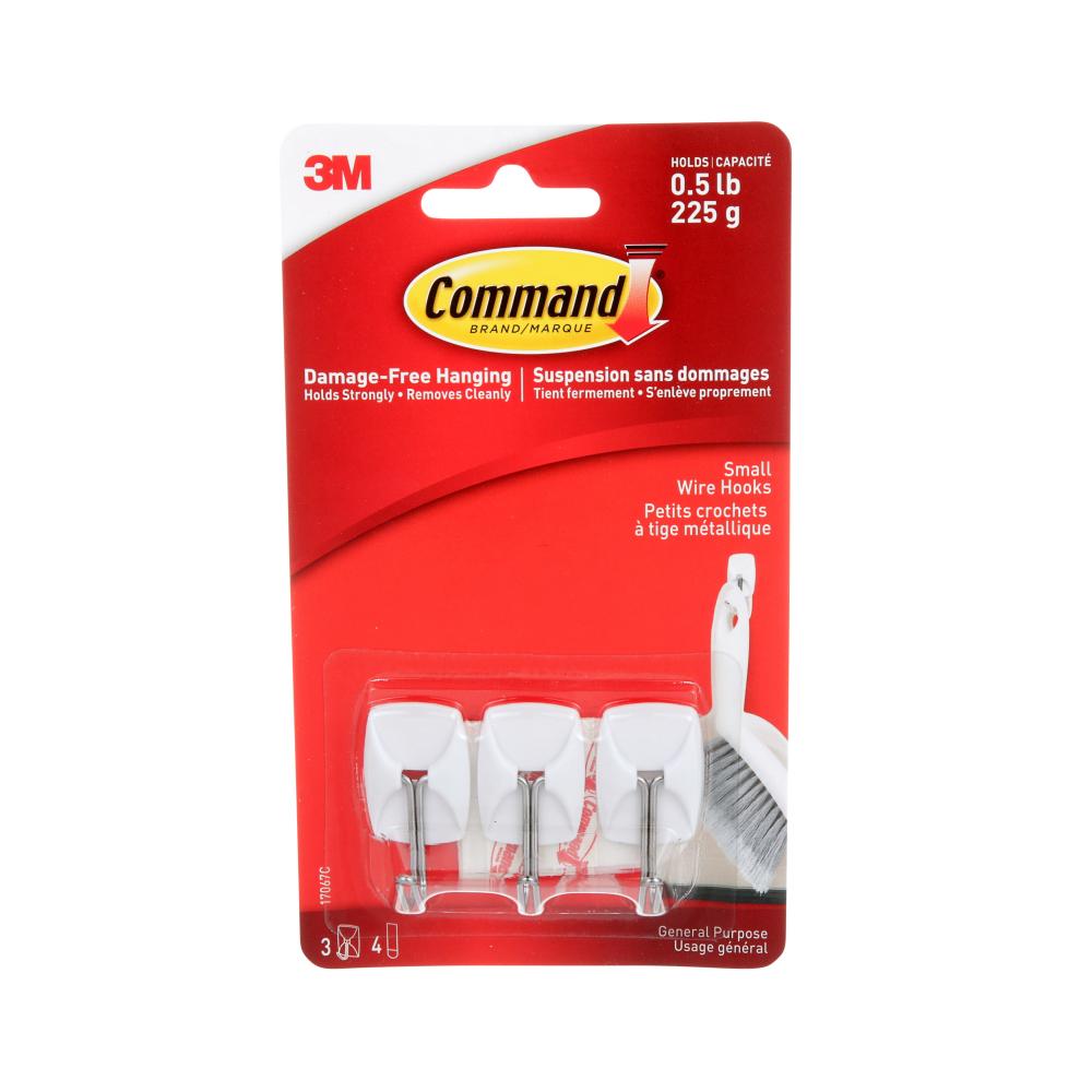 Command™ Wire Hooks 17067C, Small, White, 0.5 lb (225 g), 3 Hooks, 4 Strips