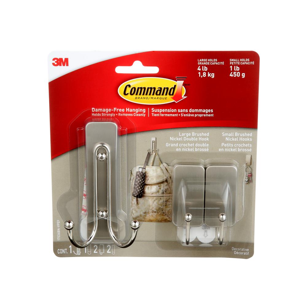 Command™ Double Hook 17036BN-VPEF, Brushed Nickel, Assorted Sizes, 3 Hooks/3 Strips/Pack