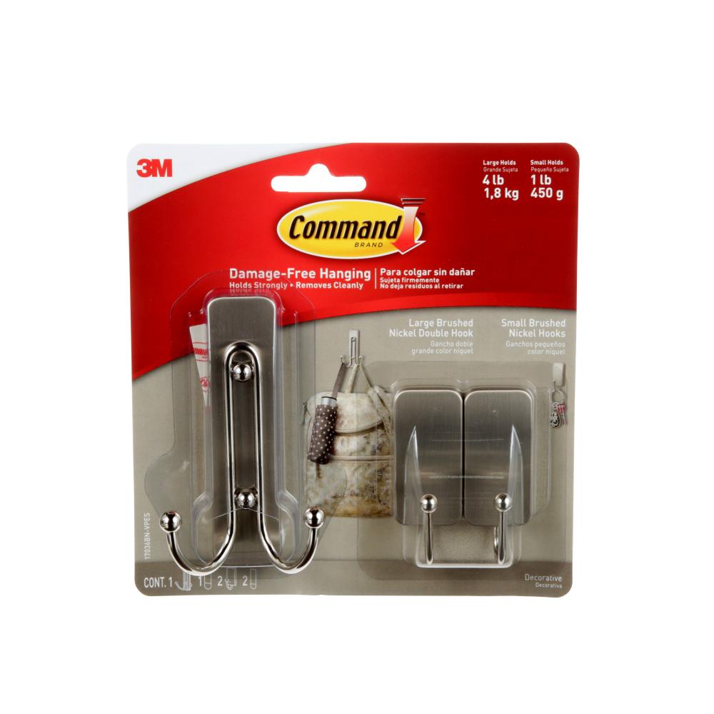 Command™ Double Hooks 17036BN-VPES, Brushed Nickel, Large/Small, 3 Hooks/3 Strips/Pack