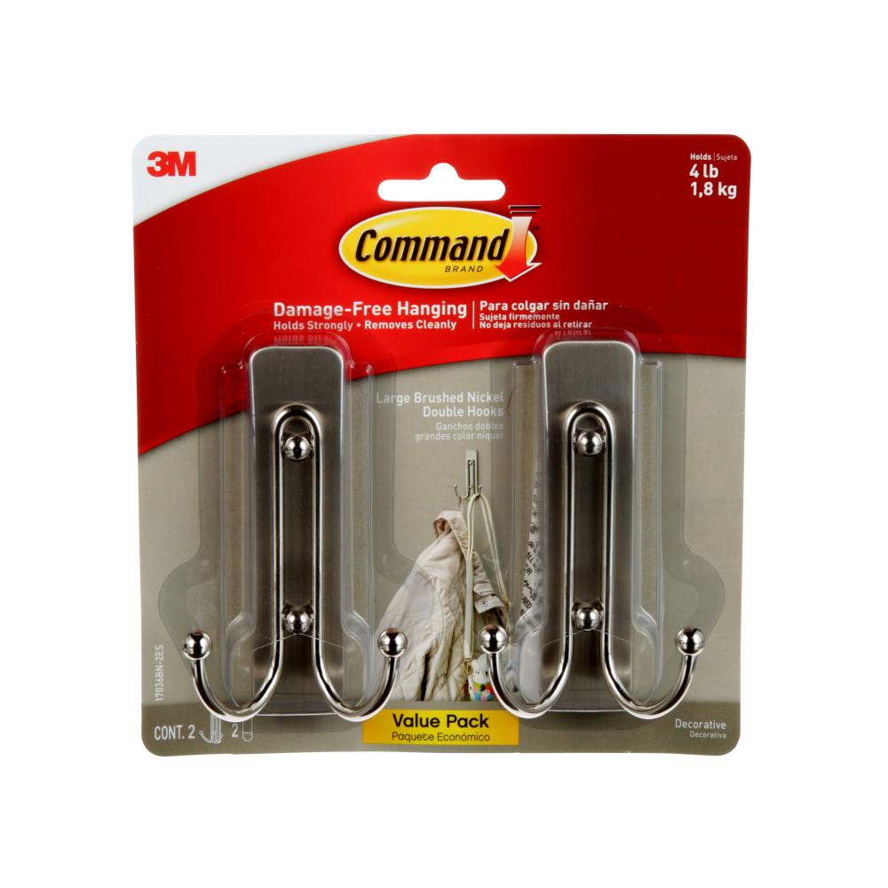 Command™ Double Hook 17036BN-2ES, Brushed Nickel, Large, 2 Hooks/2 Strips/Pack