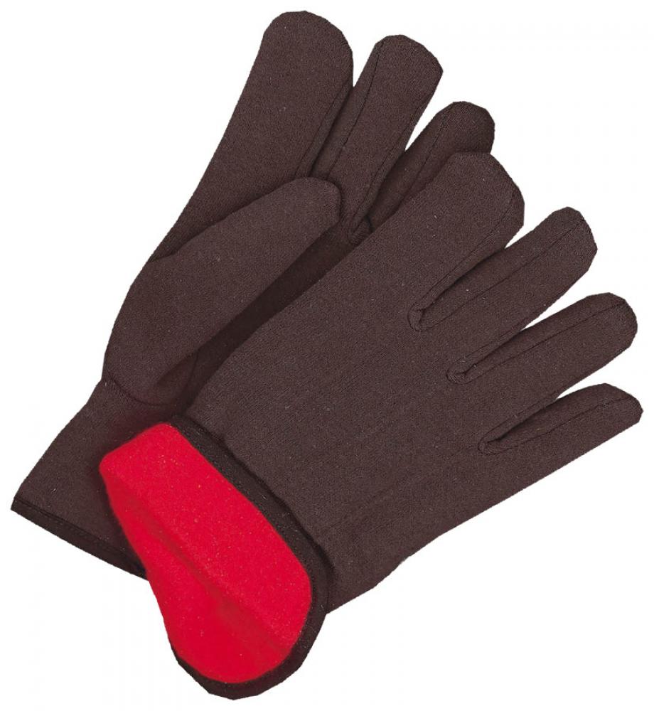 Brown Cotton Jersey Glove Slip on Wrist, Red Fleece Lined, 20oz