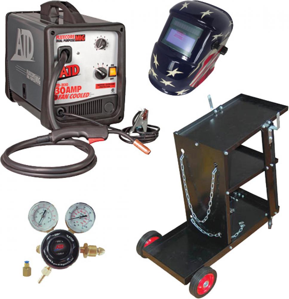 130 AMP MIG/FLUX CORE WELDER + FREE REGULATOR, HELMET & CART