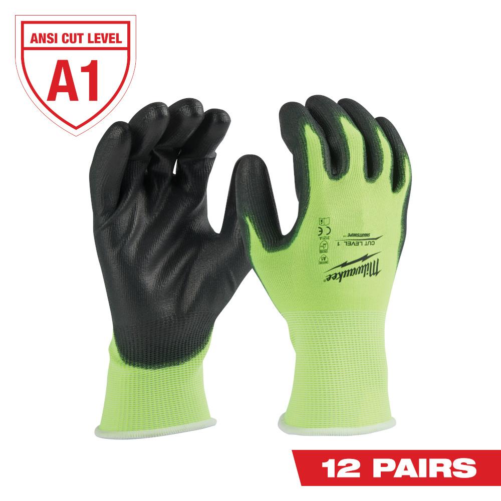 12 Pair High Visibility Cut Level 1 Polyurethane Dipped Gloves - L