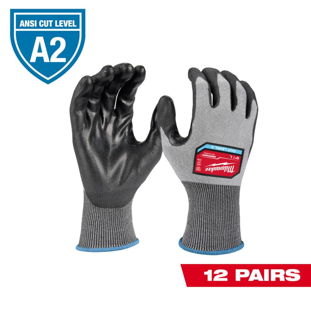12 Pair Cut Level 2 High Dexterity Polyurethane Dipped Gloves - L