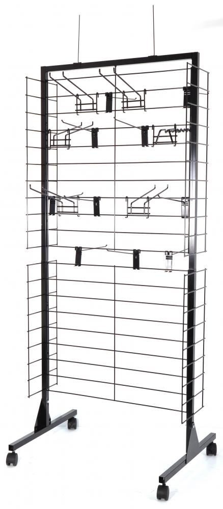 Rolling rack, modular, steel display black, 16 hooks and 2 POP brackets