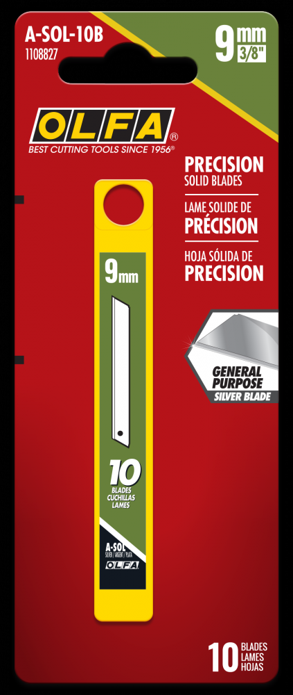 A-SOL/10B 9mm Silver Precision Solid Blade, 10/Pk