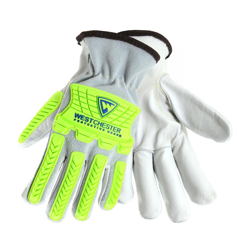 COWHIDE LEATHER PALM, SPLIT COW BACK, HI-VIS GREEN IMPACT TPR, ASTM F1930