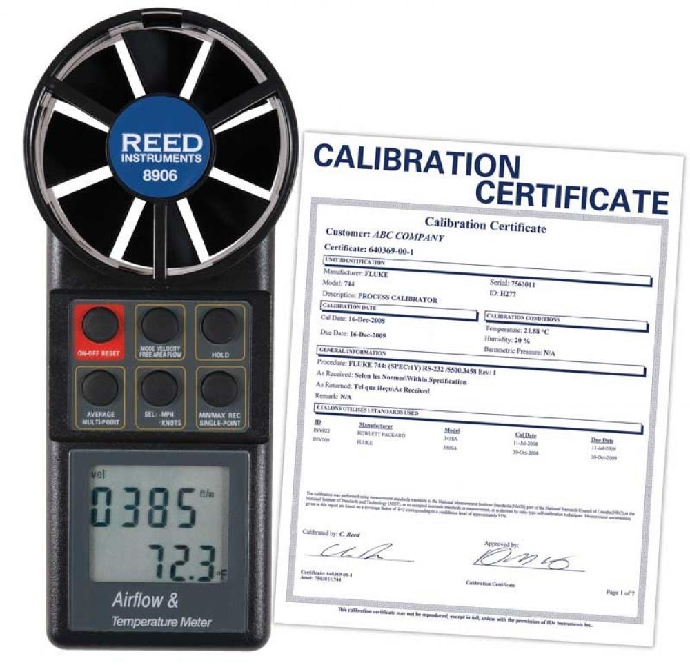 REED 8906-NIST Vane Thermo-Anemometer, CFM (Air Volume), includes NIST Traceable Certification