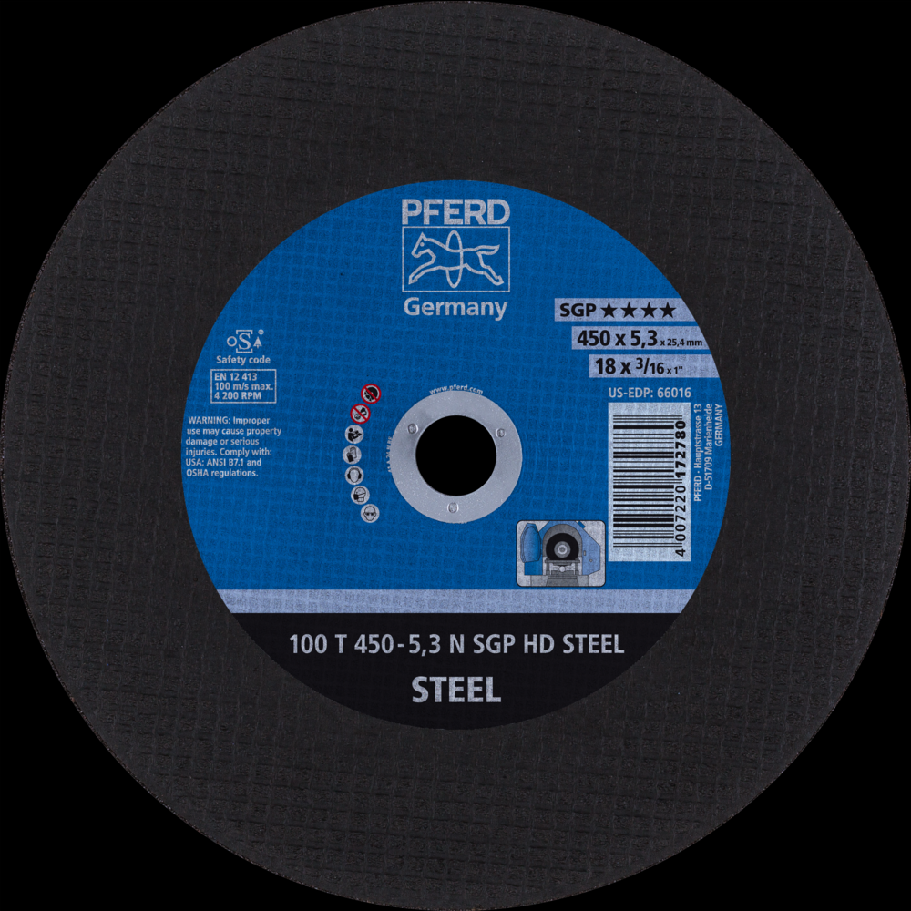 PFERD Large Diameter Cut-Off Wheel 18&#34; x 1/8 x 1, SGP HD STEEL, N, Aluminum oxide