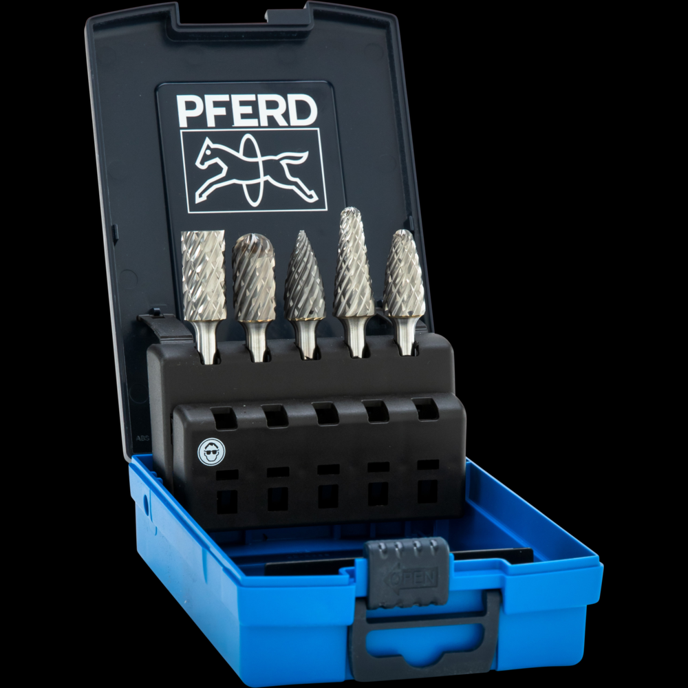 PFERD Carbide Bur Set 5 Piece STEEL Cut 1/4&#34; Shank Plastic Case