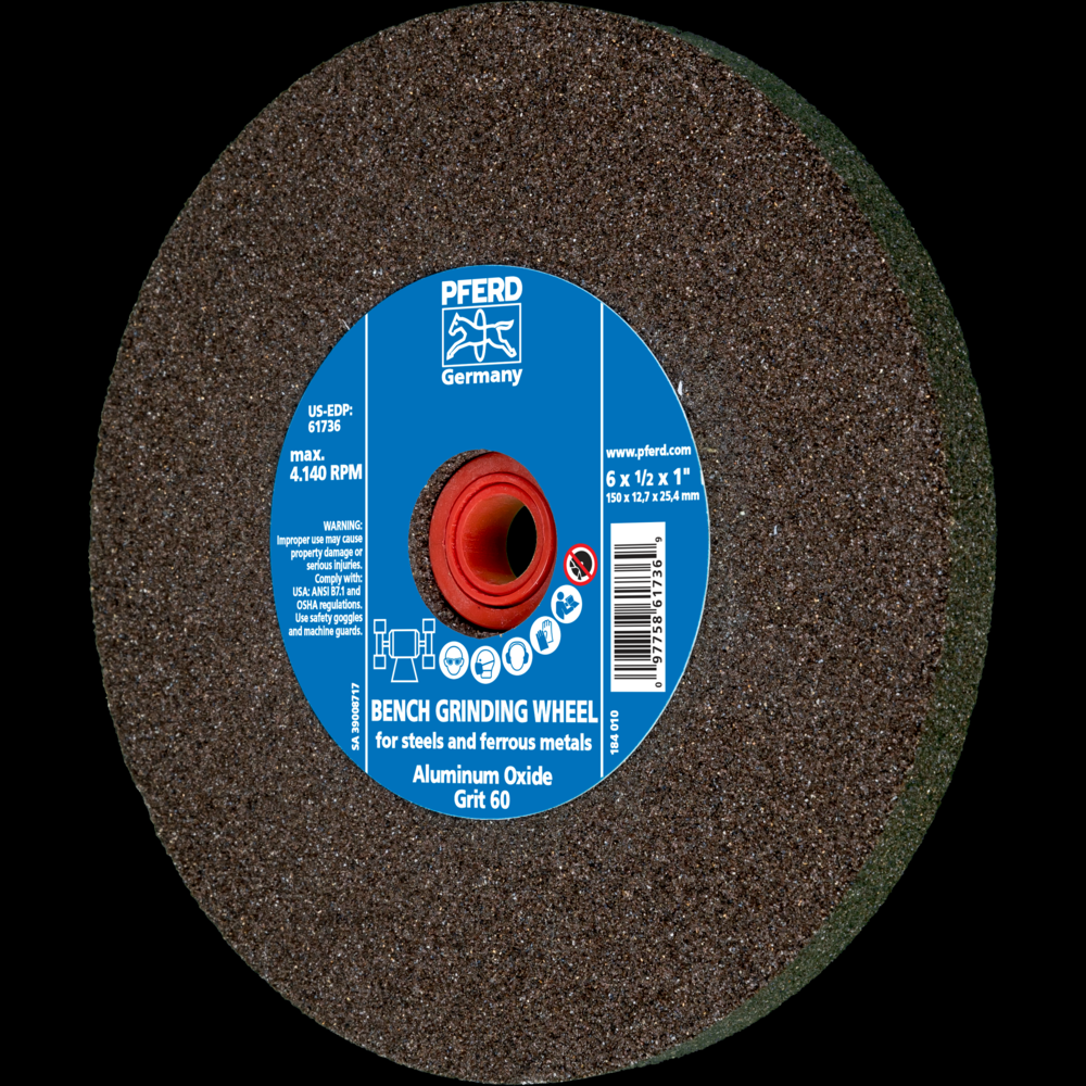 PFERD Vitrified Bench Wheel, UNIVERSAL, 6&#34; x 1/2 x 1, 60 Grit, Aluminum Oxide