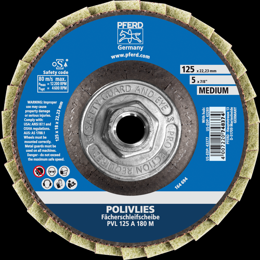 PFERD POLIVLIES® Non-Woven Flap Disc, 5&#34; x 5/8-11, 180 Grit, Medium, Aluminum oxide