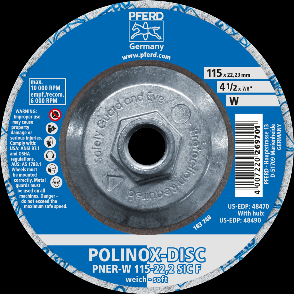 PFERD POLINOX® Unitized Disc, 4-1/2&#34; x 1/2 x 5/8-11, T27,Fine,Soft,2SF,Silicon carbide