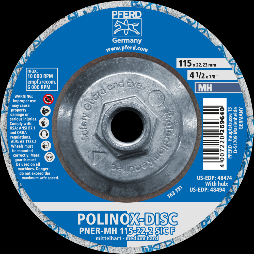 PFERD POLINOX® Unitized Disc, 4-1/2&#34; x 1/2 x 5/8-11, T27, Fine, MH,6SF,Silicon carbide