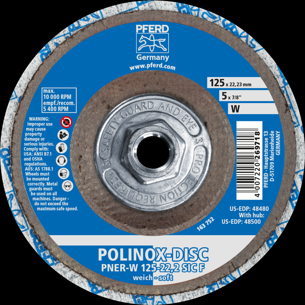 PFERD POLINOX® Unitized Disc, 5&#34; x 1/2 x 5/8-11, T27, Fine, Soft, 2SF, Silicon carbide