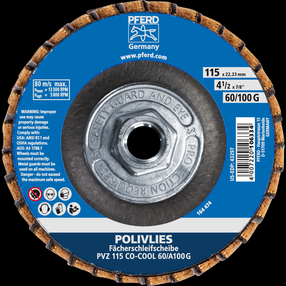 PFERD POLIVLIES® Non-Woven Flap Disc, 4-1/2&#34;x5/8-11, 60 Grit, Coarse, Ceramic CO-COOL