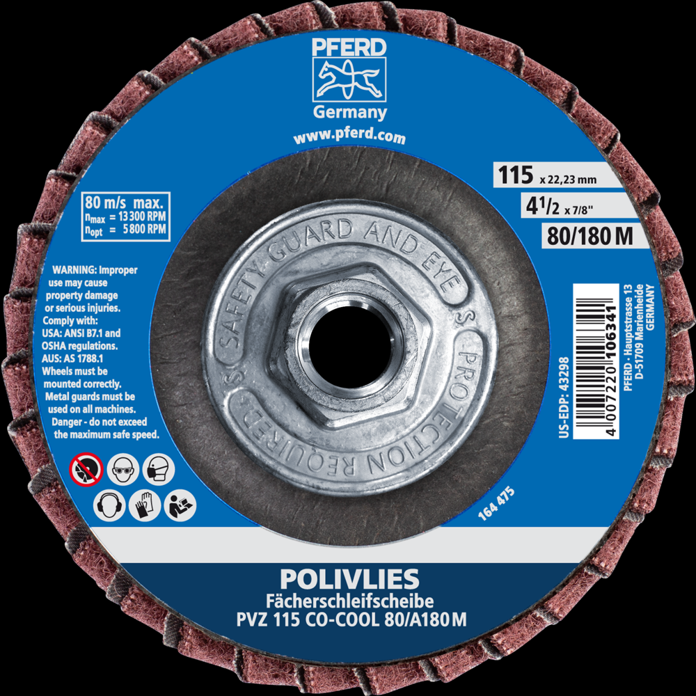 PFERD POLIVLIES® Non-Woven Flap Disc, 4-1/2&#34;x5/8-11, 80 Grit, Medium, Ceramic CO-COOL