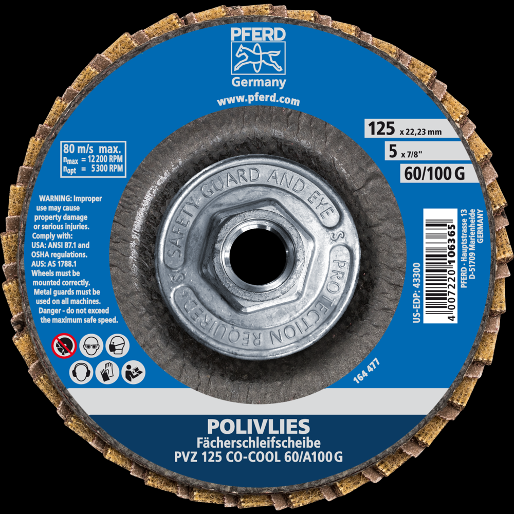 PFERD POLIVLIES® Non-Woven Flap Disc, 5&#34;x5/8-11, 60 Grit, Coarse,Ceramic oxide CO-COOL